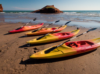 Four kayaks lined up on a beach, with a vast body of water on the horizon.