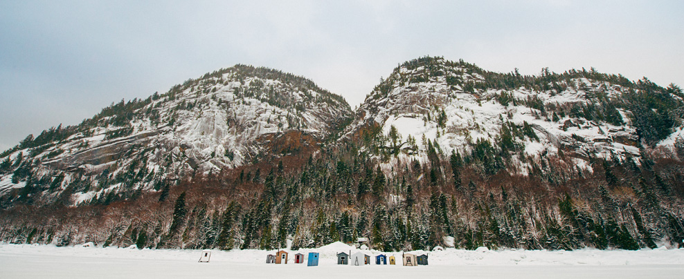 Ice fishing cabins on the Saguenay Fjord